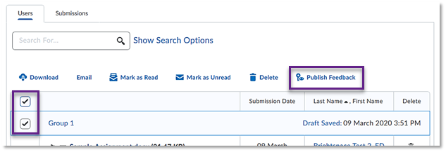 Submission area with option to bulk publish